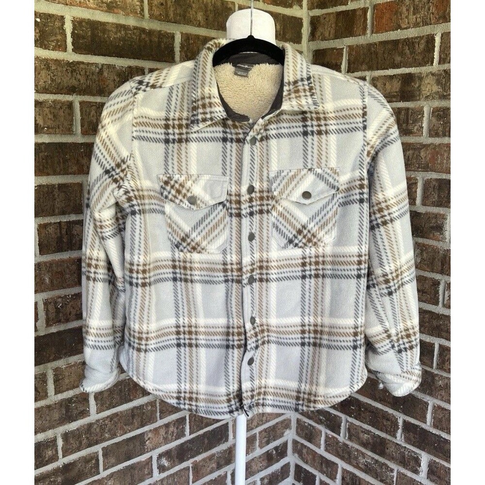 Eddie Bauer Shirt Jacket Boys Medium 10/12 Gray Tan Plaid Sherpa Lined Snap